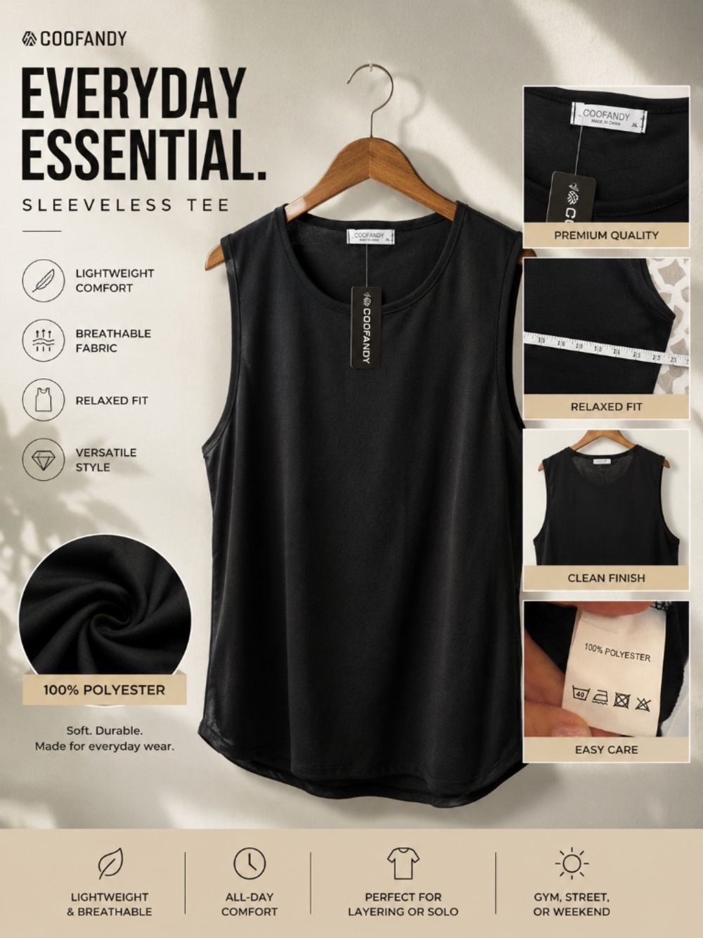 NWT COOFANDY Black Sleeveless Tank Tee XL Lightweight Layering Top